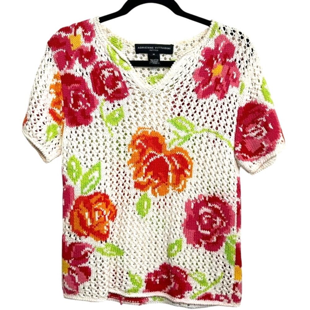 Adrienne Vittadini Floral Open Knit Cotton Top Petite M Boho Rose Crochet 90s